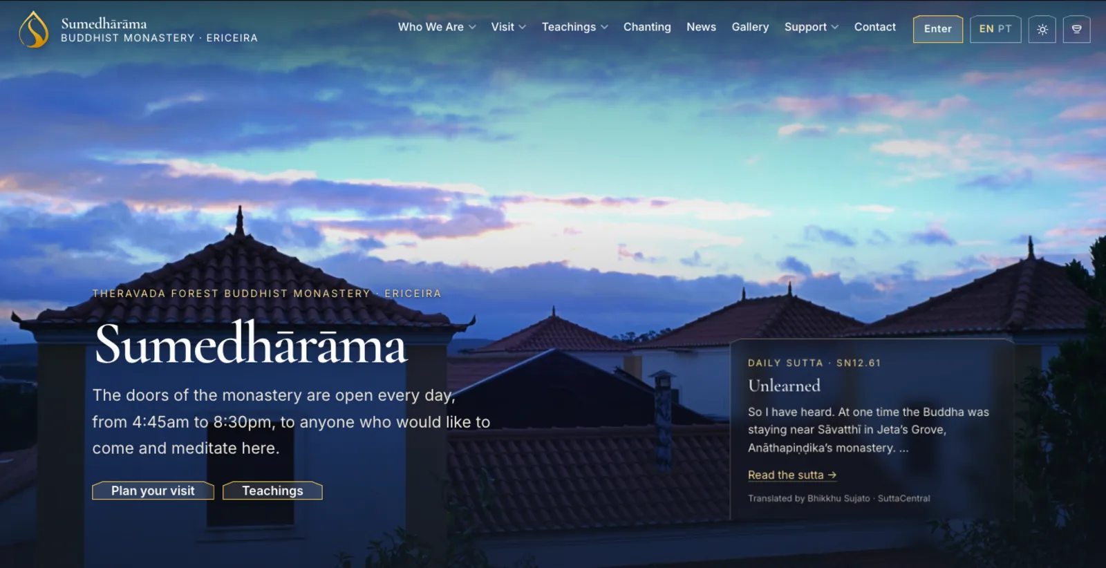 The Sumedhārāma home page at dusk: the monastery’s roofs, its name, and the day’s sutta.